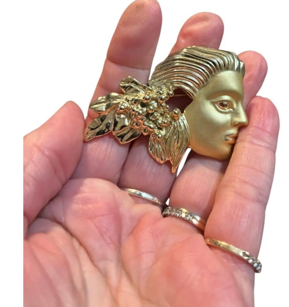 Vintage Gold Tone Masquerade Mask Brooch Theater Face Statement Pin